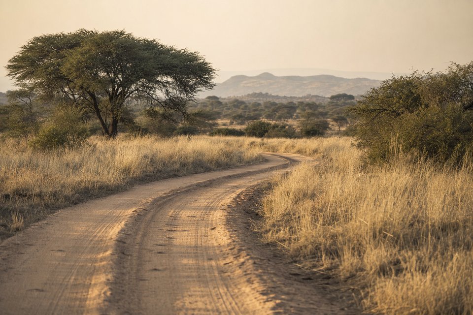 A track through open grassland at the end of the day (AI-generated image)