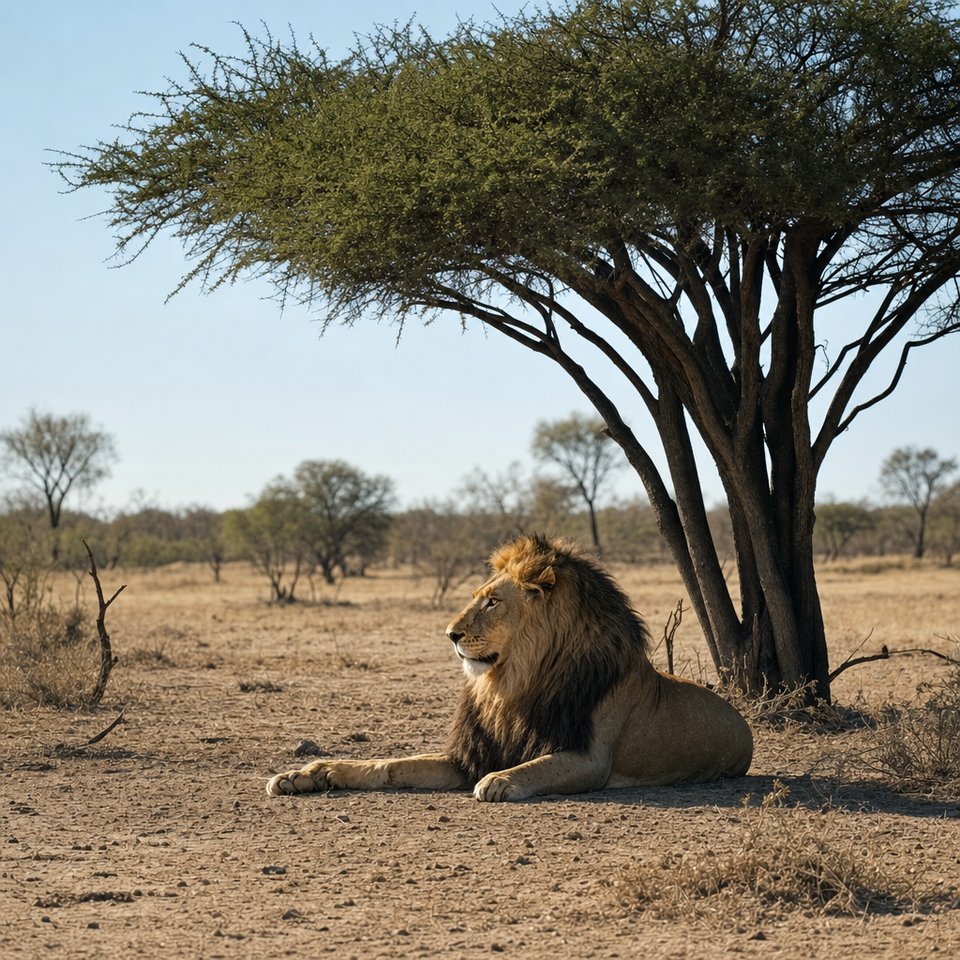 An adult male lion in the shade of an acacia (AI-generated image)